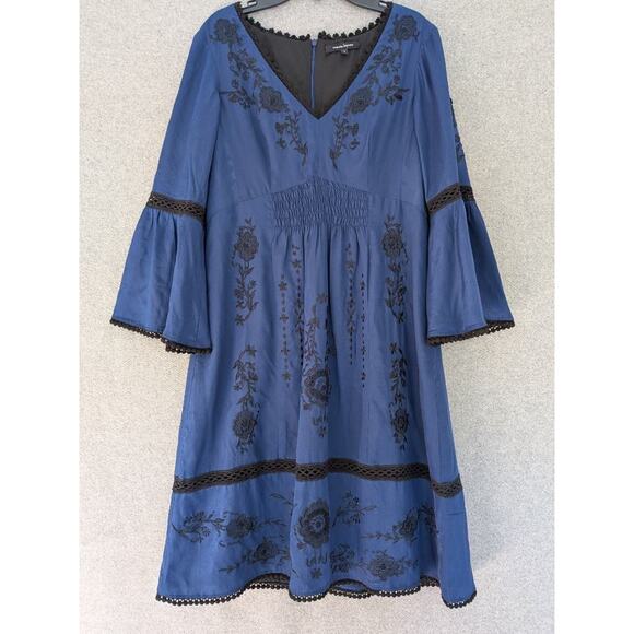 Nanette Lepore Silk Midi Dress Size 6 Blue Embroidered Floral V Neck Fairy Y2K - Picture 1 of 11